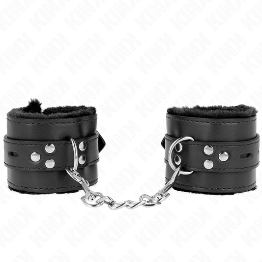 KINK - MUÑEQUERAS FORRADAS CON AGUJEROS CUADRADOS NEGRO Y CORREA NEGRO AJUSTABLE 17-29 CM X 6 CM