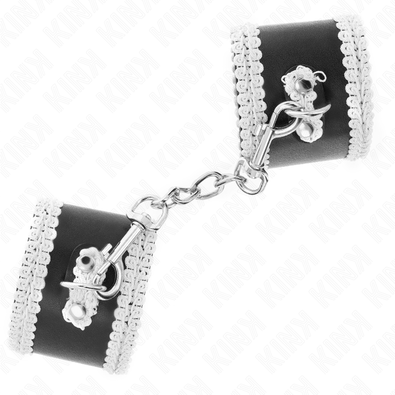 KINK - MUÑEQUERAS NEGRO CON ENCAJE DECORATIVO BLANCO AJUSTABLE 20-23 CM X 5.5 CM